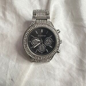 bebe Silver Rhinestone Watch Black Face Chronograph Style Sparkly